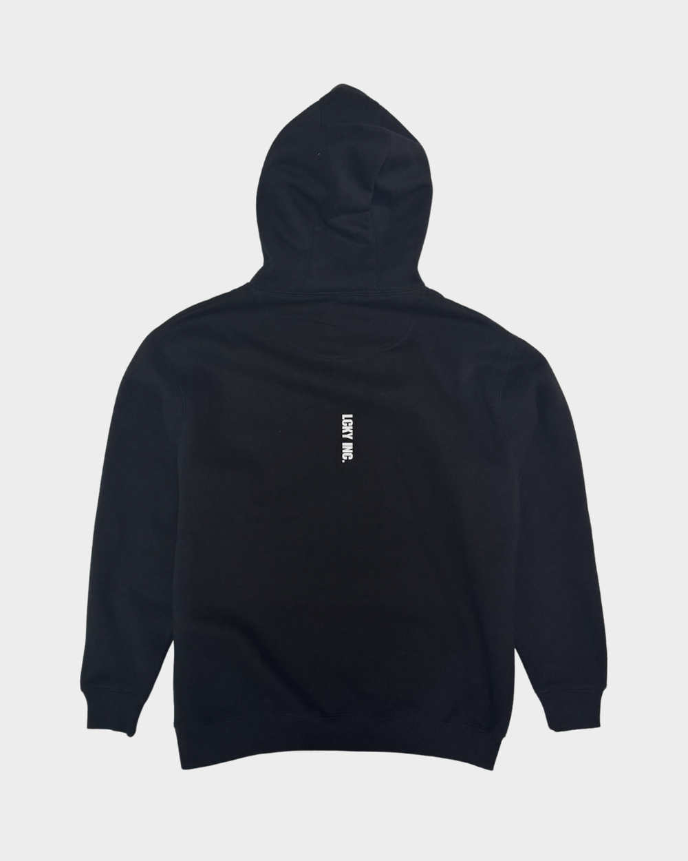 Black hoodie with a small white logo on the back against a light gray background