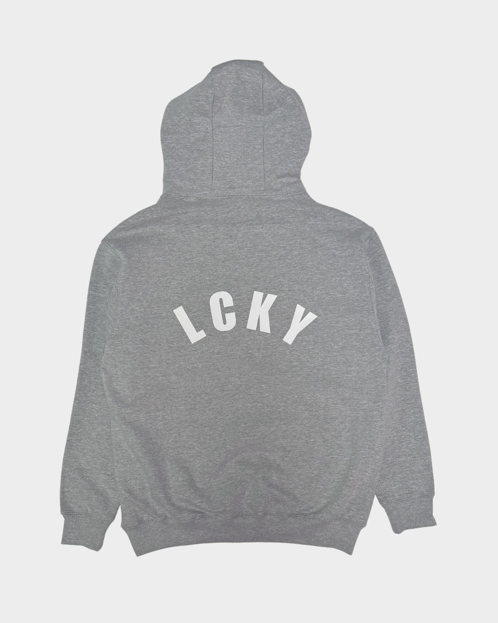 Gray hoodie with 'LCKY' printed on the back against a light gray background