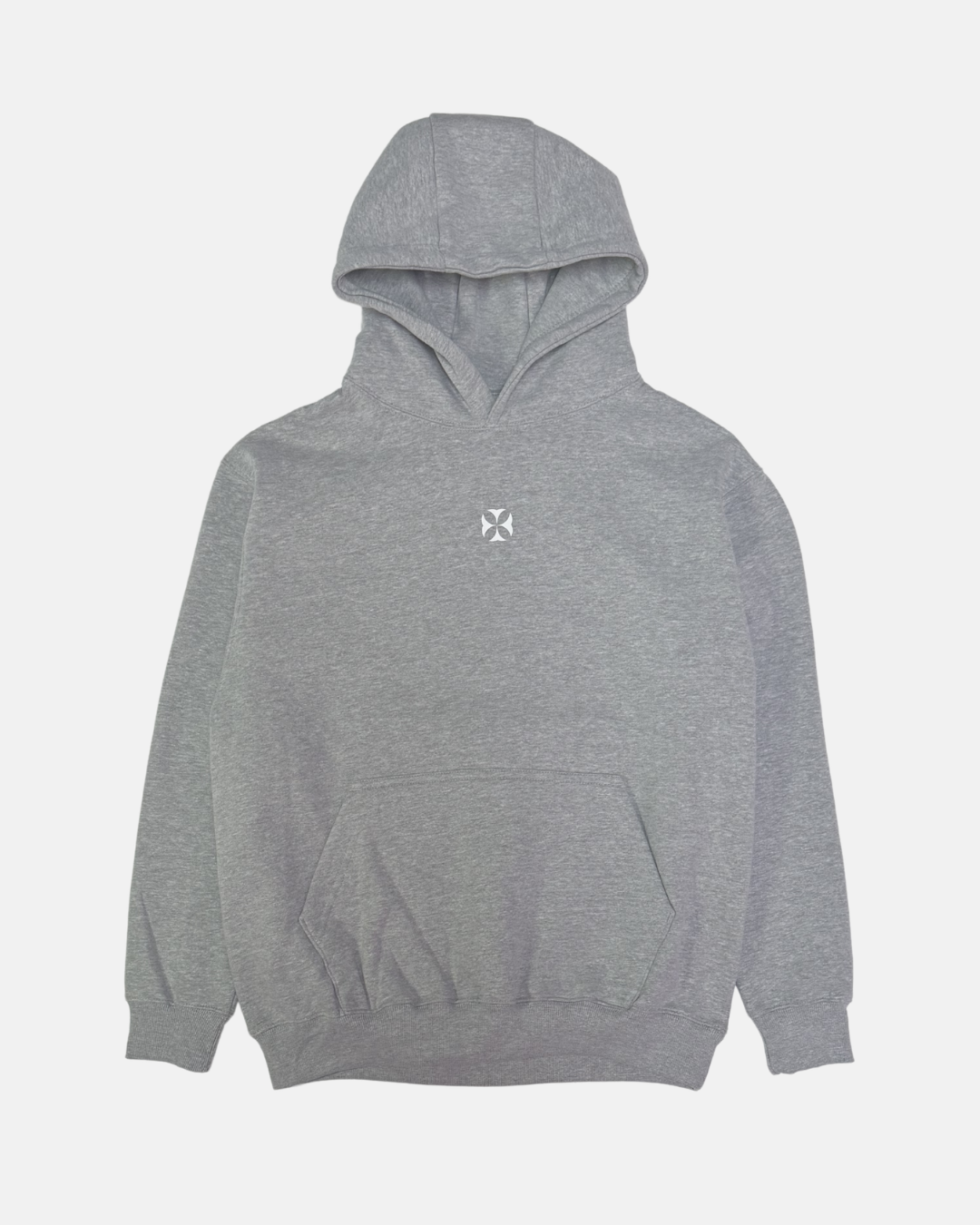 Gray hoodie with a small white logo on a light gray background