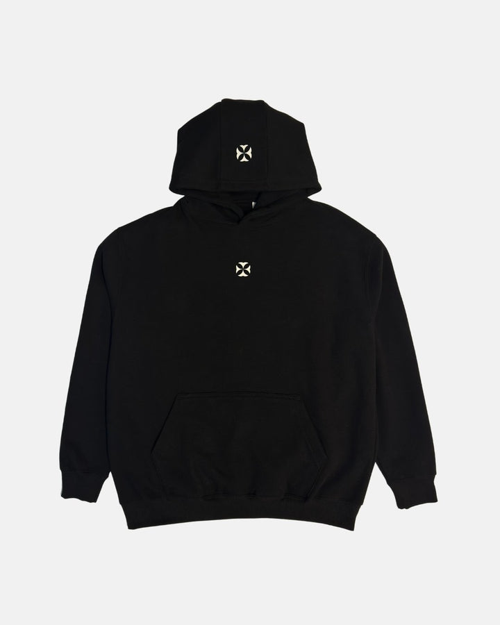 Black hoodie with a white logo on a light gray background