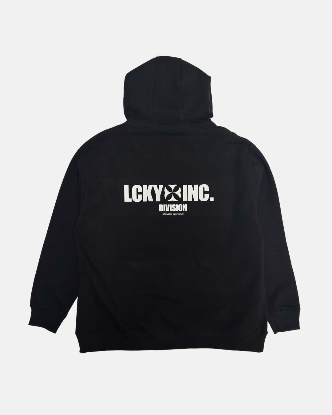 Black hoodie with 'Lucky Inc.' logo on the back against a white background